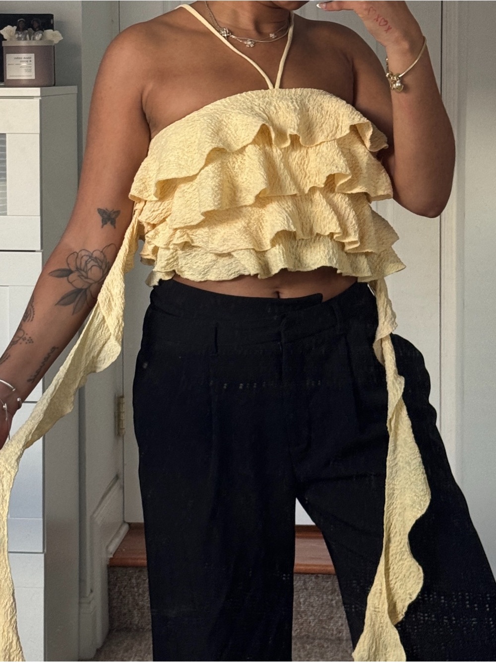 Zara Yellow Ruffle Tie-Back Crop Camisole